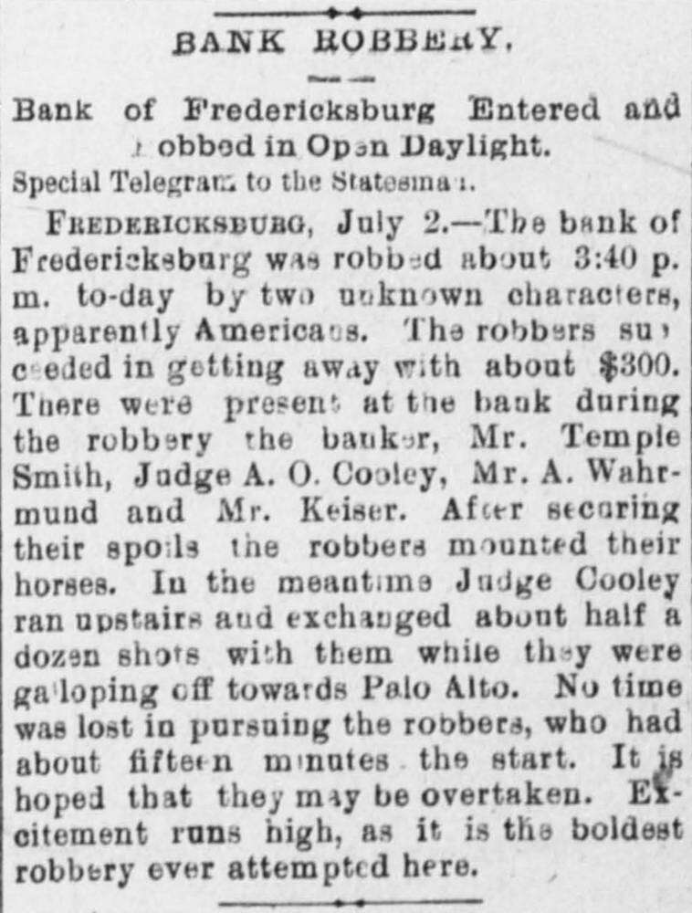 Austin Weekly Statesman clipping from July 5, 1888, reporting the robbery of the Bank of Fredericksburg