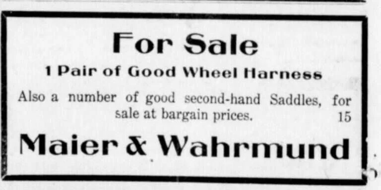 1921 Fredericksburg Standard advertisement from Maier and Wahrmund for wheel harness and secondhand saddles