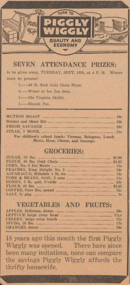1934 Piggly Wiggly grocery ad from The Radio Post in Fredericksburg, Texas